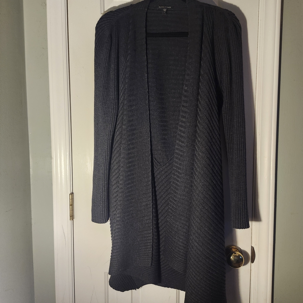 EUC Eileen Fisher 100% Merino Wool Open Front Ribbed Cardigan Large Charcoal